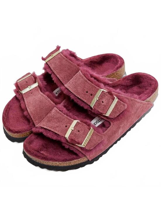 Birkenstock Shoes - Birkenstock Arizona Shearling Suede Slide Sandal Maroon Red NIB Size 5-5.5/36EU